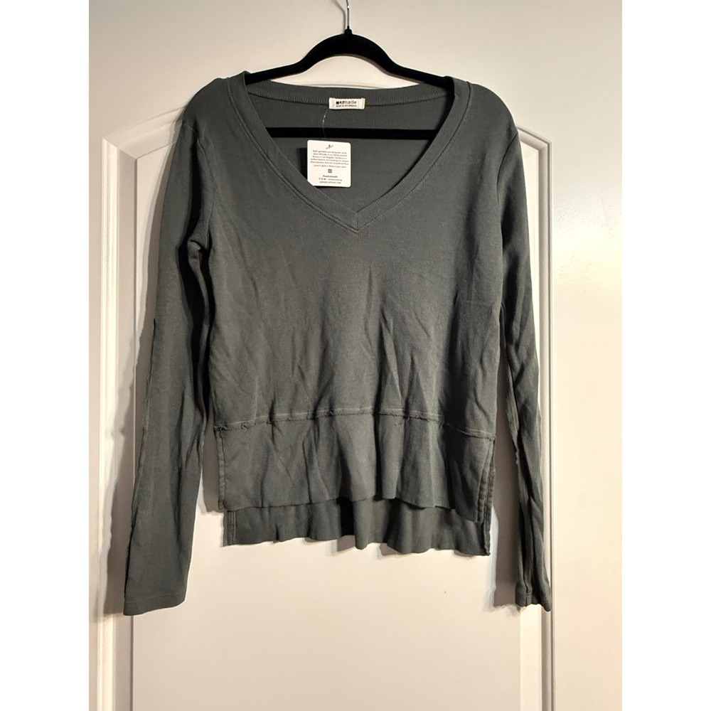 LAmade Thermal V-Neck Top XS Gray NWT Waffle Knit Raw Hem Tiered Casual Basic